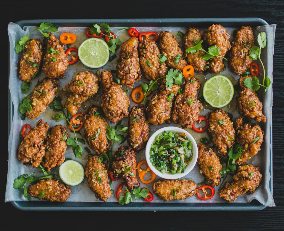 A tray of crispy chicken pieces with lime wedges, chilies and a green dipping sauce