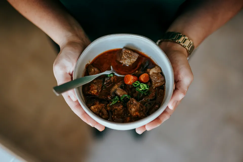 Hands holding a bowl of beef stew with carrots