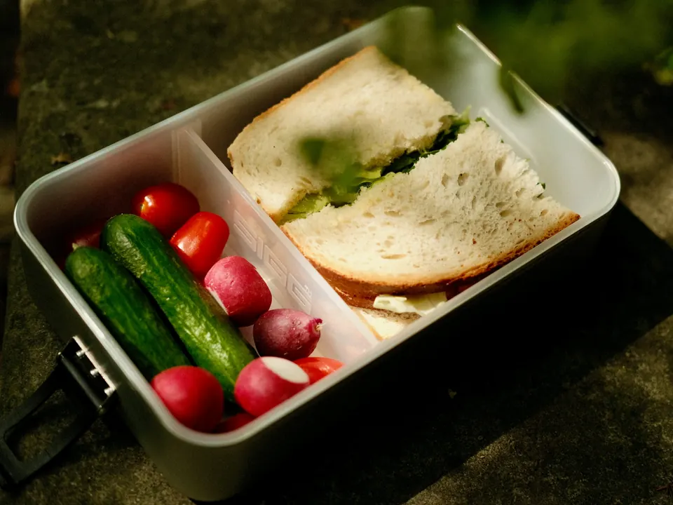 A metal lunch box with a sandwich, cucumbers, cherry tomatoes and radishes